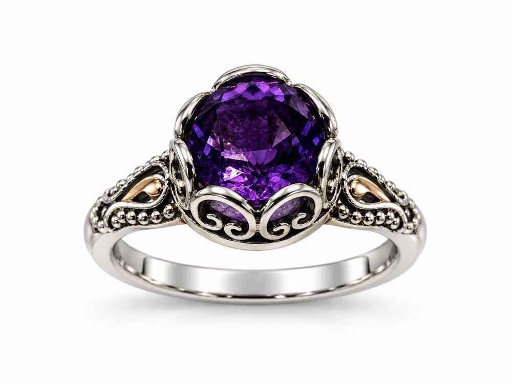 925 Sterling Silver & 18K Yellow Gold Part Amethyst Ring Size 5